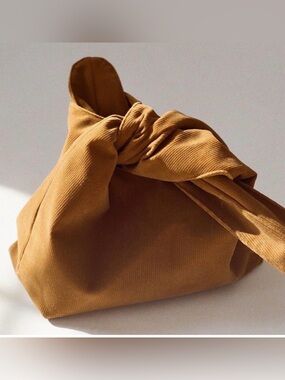 Merit‎ Beauty The Signature Bag Brown Camel Corduroy Tie Top Knot Clutch Hobo